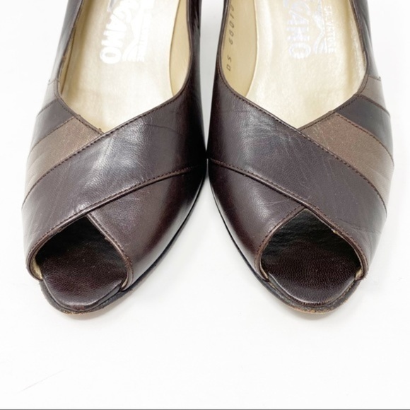 Salvatore Ferragamo Peep Toe Heels Brown 8 - Picture 3 of 10